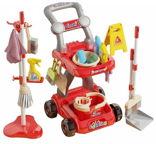 Amagogo Children Cleaning Playset Kids Cleaning Toy Set Broom Mop Bucket Pretend Cleaning Tools Realistic Child Size With Storage Stand suitable for preschool, Red, Trolley SET 18PCS