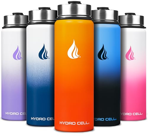 HYDRO CELL Stainless Steel Water Bottle with Straw & Wide Mouth Lids (24oz) Keeps Liquids Perfectly Hot or Cold with Double Wall Vacuum Insulated Sweat Proof Sport Design (Red/Orange 24oz)