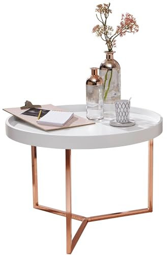 Wohnling Couchtisch JESI 58,5x42x58,5cm Weiß/Kupfer Sofatisch Metall Rund, Designer Retro Wohnzimmertisch modern, Kleiner Loungetisch mit Metallgestell, Runder Tabletttisch mit Holz-Platte