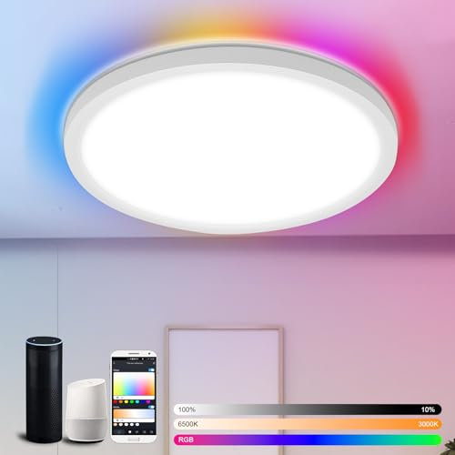 Neoglint LED-Deckenleuchte Ø30 cm, kompatibel mit Alexa/Google Home, dimmbar 24 W, 2400 lm, RGB+CCT, Speicherfunktion, IP54, WLAN/Bluetooth, App, LED-Deckenleuchter für Küche, Bad, Büro