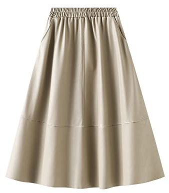 Artykey Gonna in PU Pelle Midi Donna Inverno Vintage Elegante Vita Alta Lunga Gonna Vita Elastica A-Line Casuale Festa Plissettata Svasata Gonne Apricot M