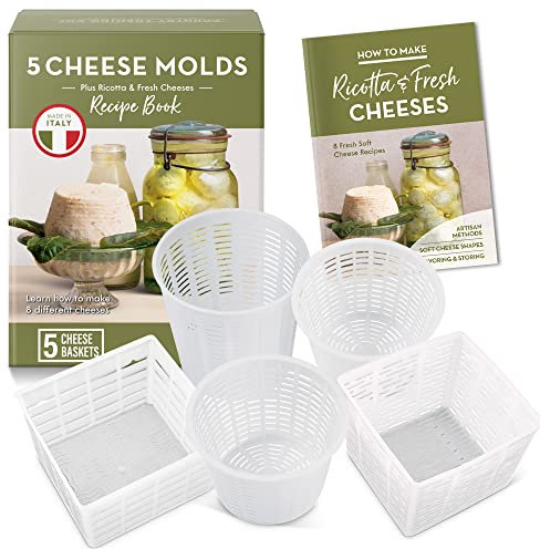 Easy Cheesemaking Kit,5 stampi per formaggi + libro per la produzione di formaggi,Made in Italy,Ricette per fare ricotta, paneer, quark e altro,Set di filtri professionali per formaggi