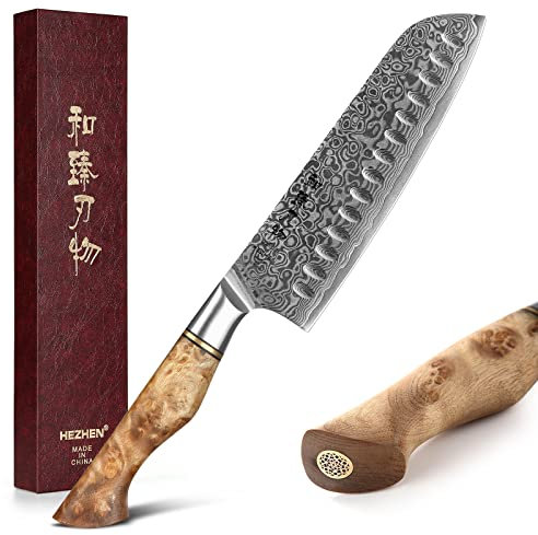 HEZHEN 18cm Coltello Santoku, Coltello da Chef Damasco, Coltello da cucina asiatico Stile Giapponese, Manico in Legno