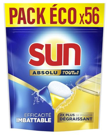 Sun Pastilles Lave-Vaisselle Absolu Tout-en-1 Dégraissant - 56 capsules - imbattables sur les taches tenaces - 2x plus efficace