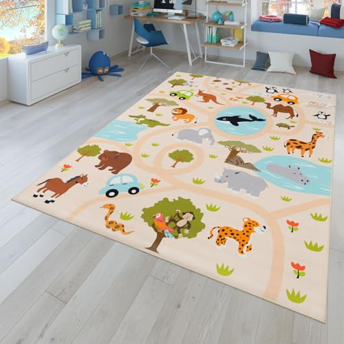 TT Home Tapis De Jeu Chambre Enfant Garcon Fille Voitures Motif Animal Antidérapant, Couleur:Vert Jaune Crème, Dimension:140x200 cm