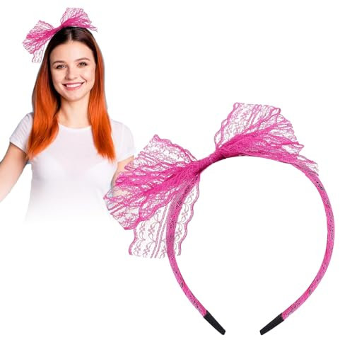 JEKUGOT Bandeau rose fluo avec nœud en dentelle des années 80 - Accessoires pour cheveux pour femmes et filles, Mardi Gras, Noël, cosplay