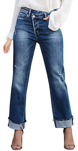 Rifuli Jean boyfriend taille basse pour adolescentes, filles et femmes, jeans asymétriques à jambe droite, jeans droits, bleu, M