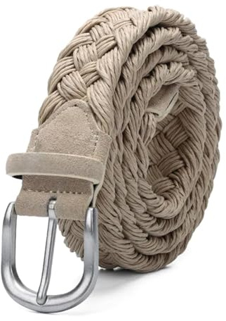 NEFLUM Cintura da uomo in maglia di pelle scamosciata con cinturino intrecciato in corda di cera senza fori Cintura in tessuto Cintura jeans casual, Beige, 120cm