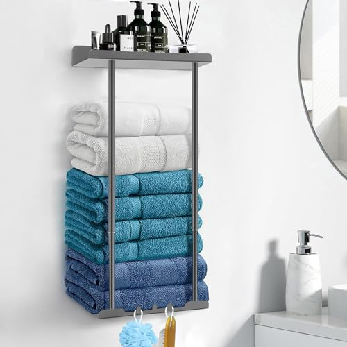 Asdsed Porte-Serviettes sans Percer, Étagère à Serviettes Extensible Autoadhésive avec Tablette, Porte-Serviettes à Coller pour Salle de Bain Murale, 38-75CM (Gris)