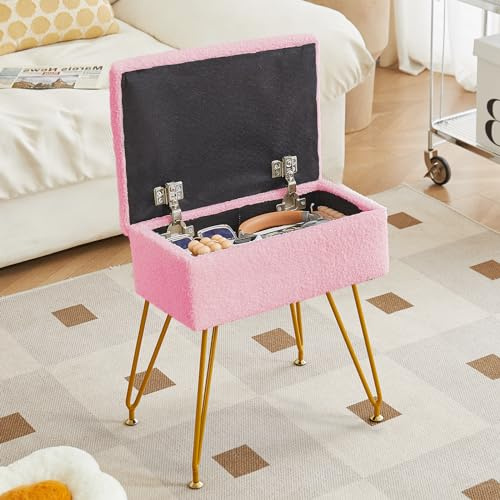 ALeesing Vanity Stool with Storage, Sherpa Makeup Chair with Metal Legs, Upholstered Ottoman Seat for Bedroom, Living Room, Pink