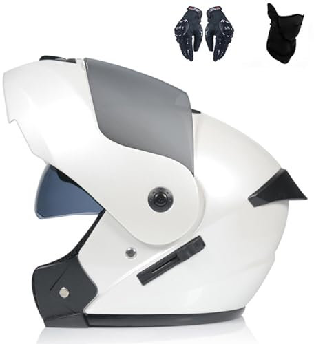 Casques de Moto rabattables pour Hommes et Femmes, Casque intégral intégré à Double visière HD, Doublure en Coton Maille Respirante, avec aérations, homologué Dot,White D-M(56~57cm)