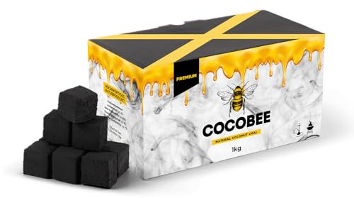 DISPAU Presenta COCOBEE 1KG Carbón Natural de Coco Premium Cachimba y BBQ Briquetas de Carbón de Coco Shisha y Barbacoas Cubos de Carbón Barbacoa y Narguile con Largo Tiempo de com 27x27x27mm 54 Cubes