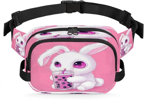 Mexpekil Fanny Pack, Cute Rabbit Drinking Tea Bunny Two Way Zipper Belt Bag Water Repellent Waist Packs Crossbody Bags with Adjustable Strap
