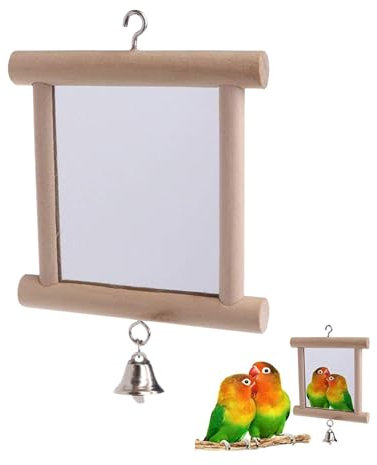Wellensittich Spielzeug - Spiegel mit Holzrahmen, Hängender Vogel Spiegel mit Glocke, 10x15cm, Spielzeug für Vögel Papagei Kanarienvögel Agapornis Wellensittiche Papageien