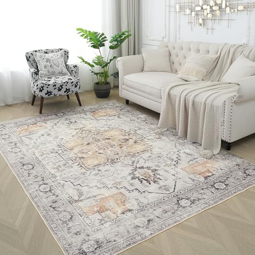 Xfrog Teppich Wohnzimmer Waschbare Teppiche Gegend Kurzflor Vintage Teppich Schlafzimmer Grauer Grau 120x170CM