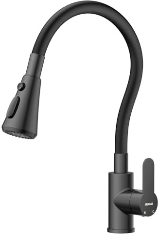 Hurran Grifo Cocina Con 3 Modos de Rociado, Caño Giratorio de 360°, Manguera de Silicona, Mezclador Monomando de Acero Inoxidable, Negro Mate
