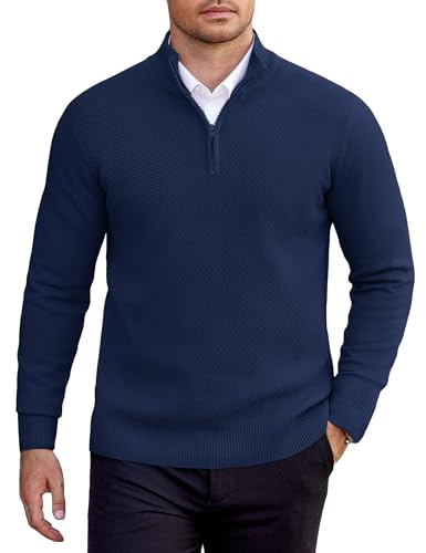 COOFANDY Maglione Uomo Invernale Zip Maglioni Pullover Uomo Invernali Collo Alto Maglia Manica Lunga Caldo Dolcevita Slim Fit Blu Marino M