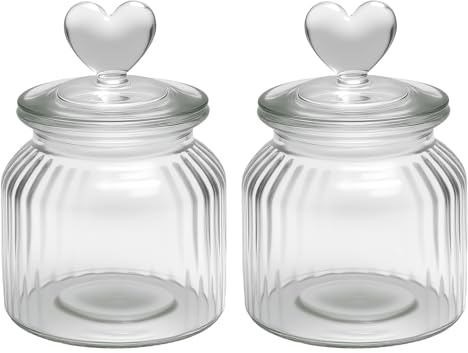 HENGBIRD Set 2 Barattoli in Vetro Ermetico 650ml con Coperchio a Cuore – Barattolo Decorativo Trasparente per Caramelle, Biscotti, Dolci – Contenitore Vintage da Cucina, Regalo Bomboniera
