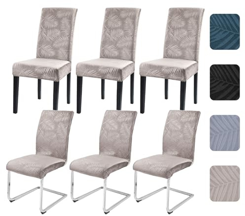 Alishomtll Stuhlhussen 6er Set Universal Stretch Kurzflor Stuhlhussen Schwingstuhl Elastische Abnehmbar Blättern Stuhlbezug Waschbar Hussen für Stühle für Esszimmer Hotel Bankett (Champagner, 6 Stück)