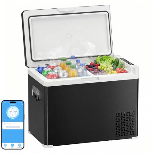 KROAK 40L Kompressor-Kühlbox mit App-Steuerung, Dual-Zone (-20°C bis +20°C), 12/24/230V – mit Trennwand – mobiler Camping-Kühlschrank für Auto, LKW, Boot