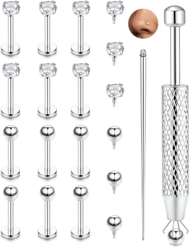 CASSIECA 20Pcs Labret Piercing Jewellery Surgical Steel Flat Back Earrings