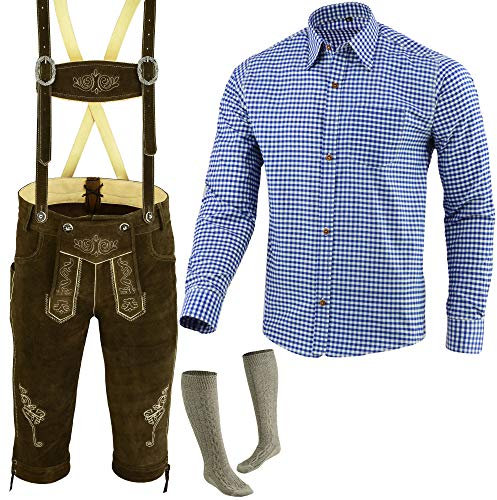 Speed4allkinds Trachten Set Herren Trachten Lederhose Herren Größe 46-62 Bayerische Traditionelle Echt Lederhose für Oktoberfest Trachtenset,Hose,Hemd,Socken Neu (Lederhose 52 Blau Hemd L Socken 43)