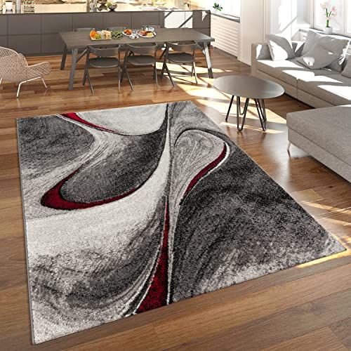 Paco Home Modern Short-Pile Rug Living Room Mottled Abstract Design Grey Red Black, Size: 5'3 x 7'7