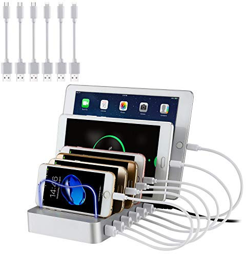 PRITEK USB Ladestation für Mehrere Geräte 6 Port Multi Handy Ladestation USB Ladegerät Dock & Organizer für Smartphone Tablet MP4 und andere USB-fähige Geräte 6 Kurze Kabel Inkl. (Silber)