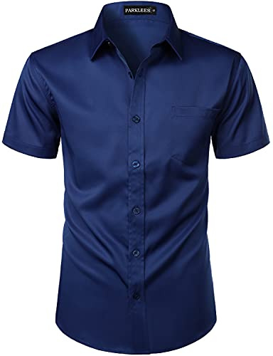 PARKLEES Mens Casual Urban Stylish Slim Fit Short Sleeve Button Up Dress Shirt with Pocket ZLSC15 Royal Blue M