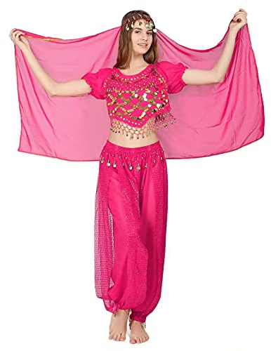 Carnavalife 3Pcs Mujeres Danza del Vientre, Ropa India Lentejuelas para Disfraz de Princesa, Conjunto de Bailando Top Pantalones de Linterna y Cadena de la Cabeza Barbijo (Fucsia)