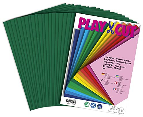 PLAY-CUT Tonpapier A4 Kiefergrün (130g/m2) | 20 Bogen Din A4 Papier zum Basteln Drucken | Dickes Bedruckbares Bastelpapier Set und Druckerpapier A4 | Premium Tonzeichenpapier & Craft Paper