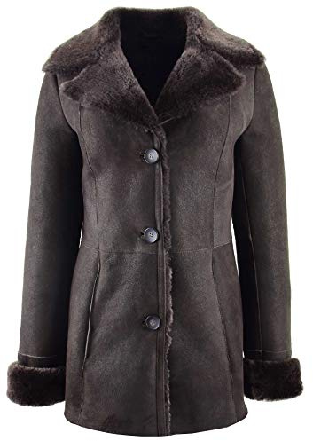 House Of Leather Femmes Peau de Mouton Véritable Manteau Mac Mi-Longueur Style Classique Tammy Marron (44)