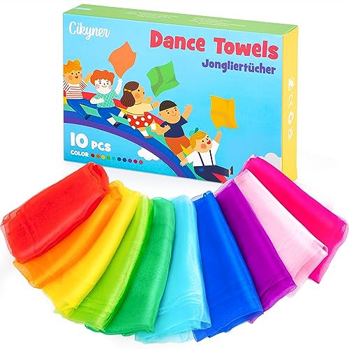 Cikyner Jongliertücher, 10 Stück Bunte Chiffontücher 60x60cm Tanztücher Chiffontücher für Tanzen Kindergarten Tücher Gymnastiktücher für Indoor & Garten Tanzen, Jonglieren, Sensorisches für Kinder