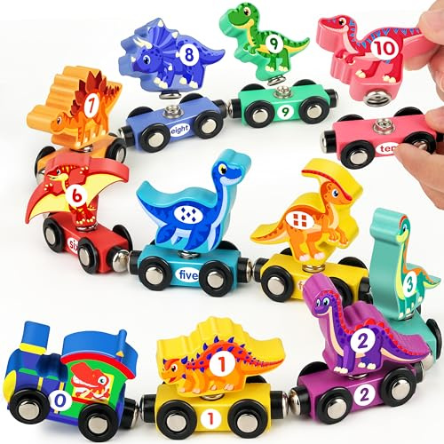 Vanmor Wooden Dinosaur Train Set for Toddlers - Magnetic Dinosaur Toys and Number Train, Perfect for Toddler Activities, Birthdays and Educational Toys Easter Basket Stuffers for Boys Aged 3-5