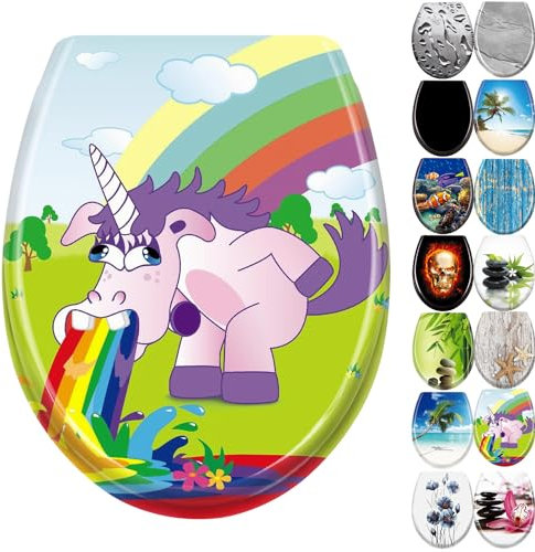 JNGLGO Toilettendeckel WC Sitz mit Absenkautomatik Antibakterielle Toilettensitz mit Klodeckel Oval Klobrille Duroplast für einfach Reinigung, Einhorn