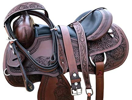 Sazaar Tack 33 cm (13 tum) Western Horse Barrel Sadel Läder Häftstift Set Matchande Headstall Bröstkrage tyglar ST-WLS-C101