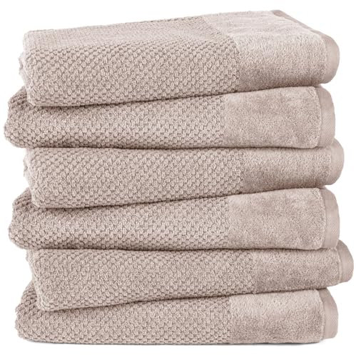 Pure Label 6-TLG. Badetücher Set mit Anhängeschlaufe aus 100% Baumwolle, saugstark, weich und Oeko-TEX Zertifiziert - 6 Badetücher aus Baumwolle 70x140 cm, Beige - Taupe