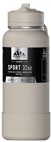 Hydrapeak Insulated Sports Drink Bottle with Straw or Cup Lid, Leak-Proof, Keeps Drinks Cold for 24 Hours, Hot for 12 Hours, Premium Stainless Steel Water Bottle (907 ml, Stone)