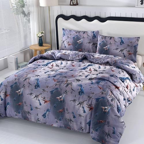 SDIII 3-teiliges dunkles Dinosaurier-Bettwäsche-Set für Queen-Size-Betten, 1 Dinosaurier-Bettdecke mit 2 Kissenbezügen, weiche Mikrofaser, Dino-Bettwäsche für Jungen, Mädchen, Kinder und Jugendliche