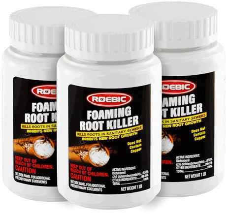 Roebic FRK Foaming Tree Root Killer, Chemical Septic System, Drain Field and Sewer Line Pipe Clog Remover and Root Destroyer, Safe for Bathroom Toilet, White Granules, 1 lb (Pack of 3)