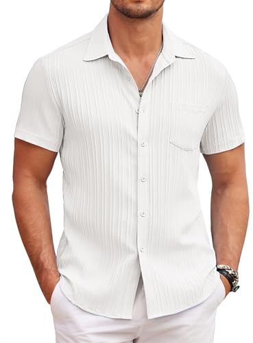 COOFANDY Kortärmad skjorta för män, ledig, sommar, fritidsskjorta, button down, strandskjortor, normal passform, skjorta med bröstficka, Vit, XL