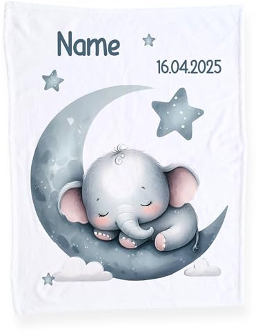 GRAZDesign Babydecke mit Namen und Datum, Weiche Kuscheldecke Elefant, Schmusedecke zur Geburt als Geschenk für Jungen