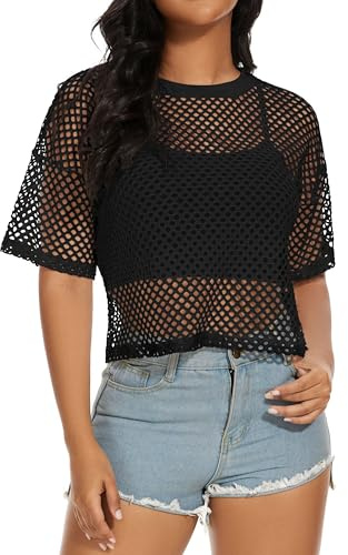florynova Womens Mesh Top See Through Fishnet T Shirt Neon Tops(Black,M)