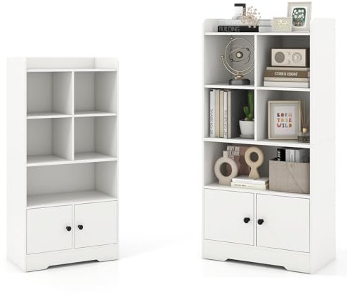 KOMFOTTEU Bücherregal mit 5 Fächern & 2 Schränken, Standregal Büroregal Holz, Würfelregal Bücherschrank freistehend, Aktenregal Vitrine Weiß