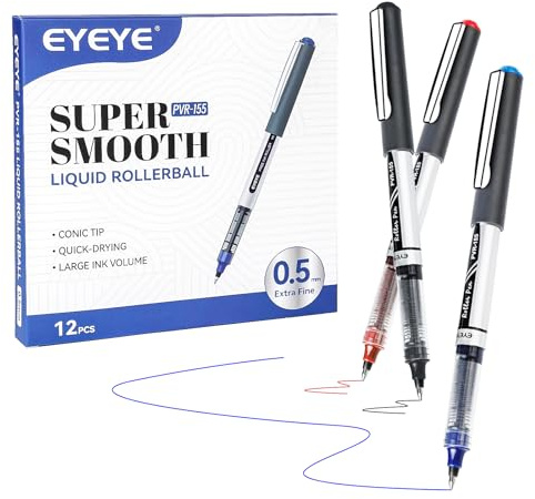 EYEYE Bolígrafos Roller de Tinta Líquida, Paquete de 12 Uds, 3 Colores, Secado Rápido, Punta Fina, Escritura Suave para Bullet Journal, Accesorios Escolares y de Oficina 0.5 mm