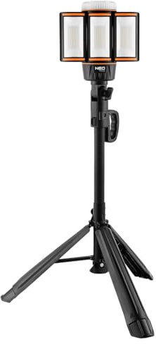 NEO TOOLS Projecteur de travail sans fil 5000 lm, IP44, hauteur réglable jusqu'à 200 cm, projecteur de chantier rechargeable avec trépied, temps de travail jusqu'à 15 heures, possibilité de travailler
