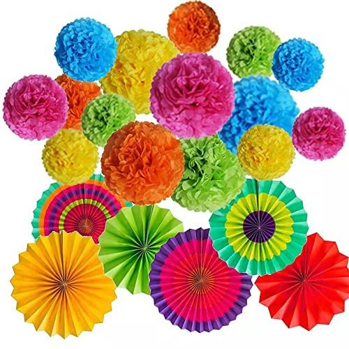 SUSIFT 21-delar Fiesta Party dekorationsset, färgglada pappersfläktar och papperspompoms för födelsedag bröllop mexikansk temadekor, Cinco de Mayo bakgrundstillbehör