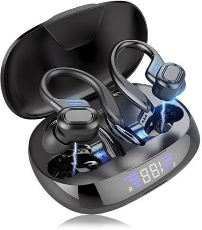 BOBOPACK Auriculares Inalámbricos con Pantalla Digital LED, Bluetooth 5.3, Control Táctil, IPX5 Resistente al Agua, Gran Duración de la Batería, Auriculares Deportivos con Gancho para la Oreja, Negro