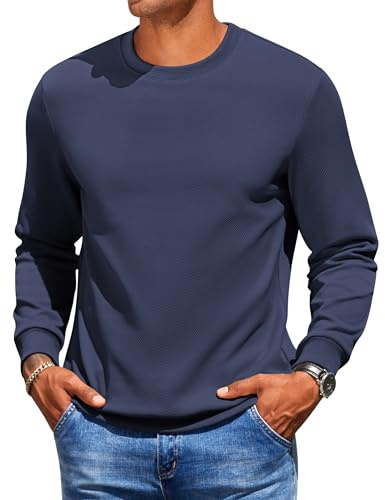 COOFANDY Hombres Sudadera De Manga Larga Jersey con Cuello Redondo Acanalado Camisa De Larga Mangas Ropa De Trabajo Jersey De Un Solo Color Hombres Tiempo Libre Azul-Violeta L