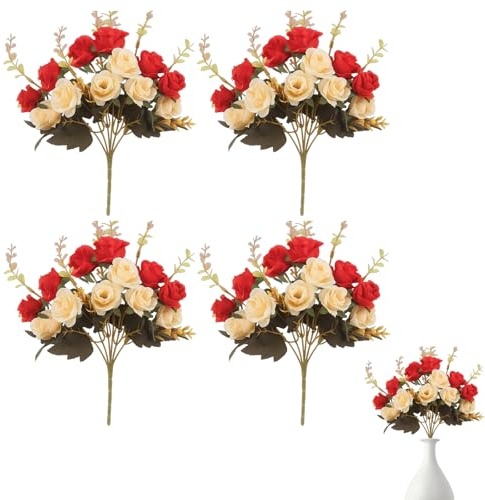 YREYBN 4 Bundles Grave Flowers, Artificial Flowers for Graves, Memorial Flowers for Cemetery Vase, Large Red Roses